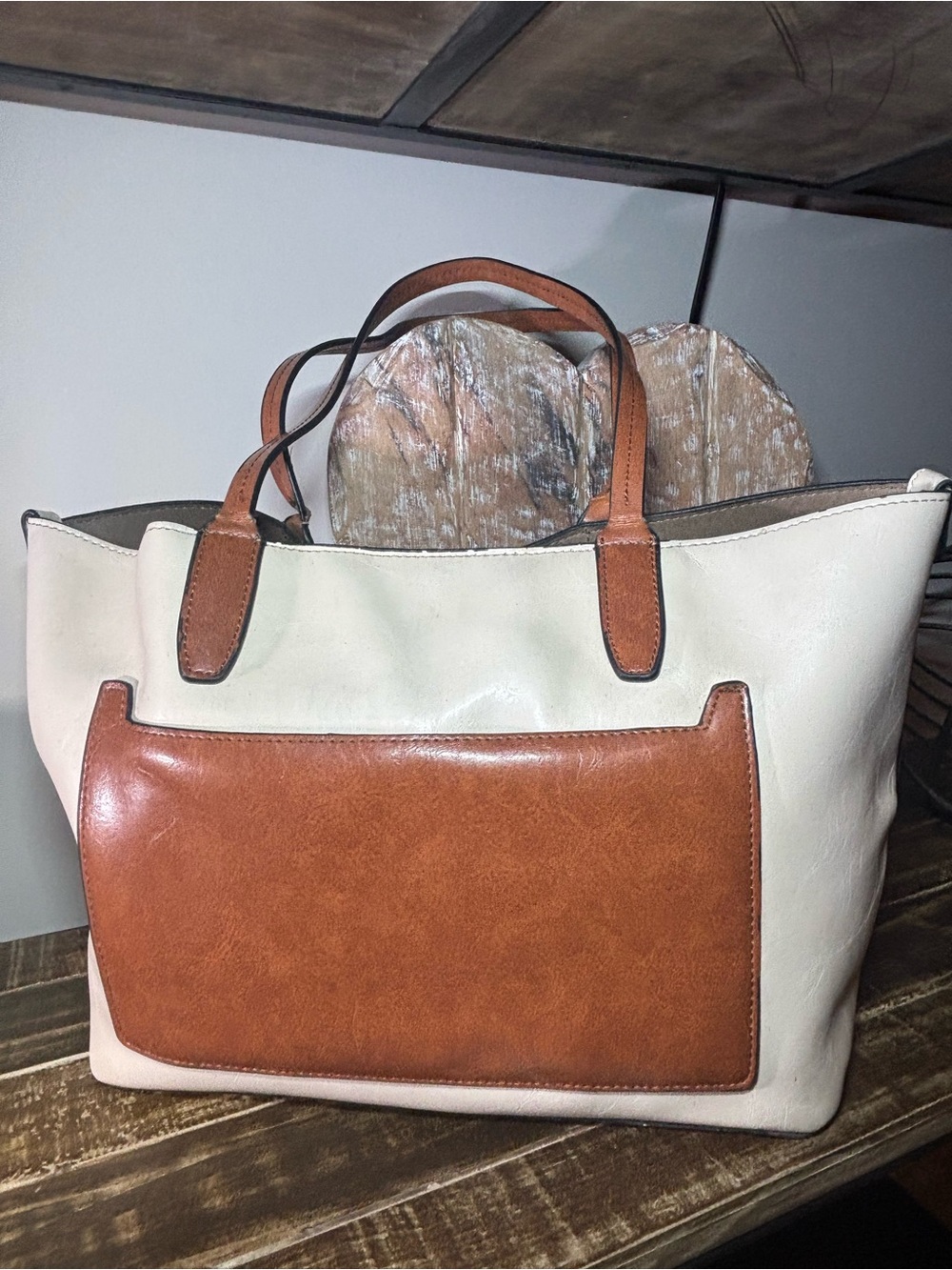 Two-Tone Cream and Tan Leather Tote Bag